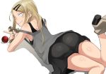  1girl ass bare_shoulders blonde_hair character_request dagashi_kashi earrings endou_saya_(dagashi_kashi) hair_ornament hairclip high_heels jewelry kendama light_smile long_hair looking_at_viewer looking_back nuezou sanpaku simple_background skirt solo strap_slip thighs white_background 