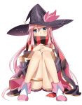  1girl asukai_mao bare_shoulders blue_eyes cape hat highres legs long_hair looking_at_viewer murakami_yuichi off_shoulder official_art pink_hair scarf sitting solo thigh_strap unsimulated_incubator witch_hat 