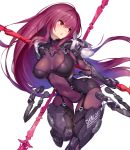  1girl 2d adapted_costume armor bangs blush bodysuit boots breasts commentary_request covered_navel eyebrows_visible_through_hair fate/grand_order fate_(series) gae_bolg gauntlets holding lance large_breasts long_hair looking_to_the_side metal_boots parted_lips polearm purple_bodysuit purple_hair red_eyes scathach_(fate/grand_order) simple_background solo standing thigh_gap very_long_hair weapon white_background 