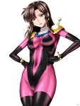  1girl anzu_(onelelee) breasts brown_eyes brown_hair choker collarbone covered_navel earrings g_gundam gundam gundam_seed hands_on_hips jewelry lips lipstick makeup mobile_trace_suit murrue_ramius shiny shiny_hair short_hair shoulder_pads skin_tight solo thigh-highs 