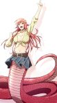  1girl :d breasts cleavage fang hair_ornament hairclip harusaki_rio highres lamia long_hair miia_(monster_musume) monster_girl monster_musume_no_iru_nichijou navel open_mouth pointing pointing_up pointy_ears redhead scales shirt skirt slit_pupils smile solo tied_shirt yellow_eyes 