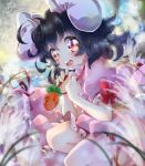  1girl animal_ears black_hair carrot dress inaba_tewi jewelry looking_at_viewer necklace open_mouth pink_dress puffy_sleeves rabbit_ears razuberii red_eyes ribbon short_hair short_sleeves signature solo sparkling_eyes touhou 