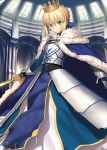  1girl ahoge armor armored_dress blonde_hair blue_ribbon crossover fate/grand_order fate_(series) gauntlets green_eyes hair_ribbon holding_sword holding_weapon looking_at_viewer ribbon saber solo sword takeuchi_takashi weapon 