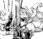  1girl blue_eyes charlotte_(granblue_fantasy) crown granblue_fantasy holding holding_sword holding_weapon huge_weapon long_hair lowres open_mouth pointy_ears shield simple_background solo spot_color sword translation_request upper_body weapon white_background 