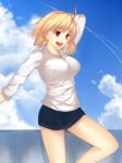  1girl :d ahoge arcueid_brunestud blonde_hair breasts clouds iro_(sekaixiro) large_breasts long_sleeves melty_blood open_mouth red_eyes skirt smile solo tsukihime type-moon 
