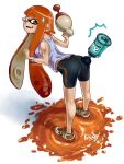  1girl artist_name ass bent_over bike_shorts bomb dated embarrassed fang from_behind gun holding inkling kikino long_hair looking_at_viewer looking_back orange_eyes orange_hair paint_splatter shoes signature single_vertical_stripe sneakers solo splatoon standing suction_cups sweatdrop tank_top tentacle_hair weapon white_background wristband 