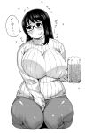  1girl beer_mug blush breasts glasses highres huge_breasts plump smile solo sweat sweater synecdoche 