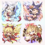  &gt;:d 4girls :d animal_ears armor bell black_boots black_legwear blue_eyes book boots bow cagliostro_(granblue_fantasy) chibi fan fang fire folding_fan fox_ears fox_tail fujieda_miyabi granblue_fantasy grin hair_bow hair_ornament hairband holding holding_sword holding_weapon jingle_bell long_hair multiple_girls open_book open_mouth purple_hair red_skirt skirt smile socie_(granblue_fantasy) sword tail thigh-highs vila violet_eyes weapon white_hair yuel_(granblue_fantasy) 