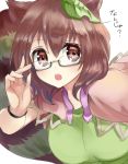  1girl animal_ears brown_eyes brown_hair futatsuiwa_mamizou glasses leaf leaf_on_head looking_at_viewer nagare open_mouth raccoon_ears raccoon_tail short_hair short_sleeves simple_background solo tail text touhou translation_request upper_body white_background 