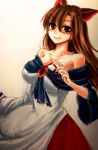  1girl animal_ears blurry blush breasts brooch brown_hair cleavage collarbone dress fingernails imaizumi_kagerou jewelry large_breasts long_fingernails long_hair long_sleeves looking_at_viewer marker_(medium) red_eyes solo touhou traditional_media wide_sleeves wolf_ears 