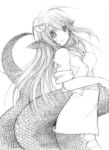  1girl absurdres artist_request breasts chicken99 fang hair_ornament hairclip highres lamia miia_(monster_musume) monochrome monster_girl monster_musume_no_iru_nichijou pointy_ears scales slit_pupils smile solo traditional_media 