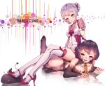  2girls ass black_hair blue_eyes blush breasts cleavage commentary detached_sleeves english fangxiang_cuoluan female high_heels horns lying multiple_girls nurse on_stomach open_mouth original personification pink_eyes reflection reflective_floor revealing_clothes silver_hair sitting sitting_on_person thigh-highs 