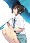  1girl black_hair blue_eyes looking_at_viewer matarou_(genkai_toppa) necktie original school_uniform short_hair simple_background skirt solo umbrella white_background 