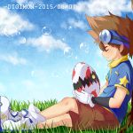  1boy blue_sky brown_hair bubble cargo_shorts clouds copyright_name crossed_legs dated digimon digimon_adventure_tri. egg from_side gloves goggles goggles_on_head grass highres serika_sakamoto shoes shorts sitting sky sleeping sneakers white_gloves yagami_taichi 