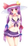  &gt;:/ 1girl aoi_(annbi) bikini blush breasts cleavage cowboy_shot crescent_hair_ornament hair_ornament hat highres jitome long_hair looking_at_viewer matsuri_uta navel patchouli_knowledge pink_eyes shy solo sun_hat swimsuit touhou very_long_hair violet_eyes 