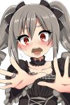  1girl blush dress drill_hair embarrassed hair_ribbon hands highres idolmaster idolmaster_cinderella_girls jewelry kanzaki_ranko long_hair looking_at_viewer ochazuke open_mouth red_eyes ribbon ring silver_hair solo twin_drills twintails 