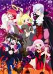  5girls absurdres angel_wings animal_costume bat_wings black_hair blonde_hair blue_eyes dress flower glasses happy hara_shouji highres kiji_ajimi kurosu_aroma midorikaze_fuwari multiple_girls one_eye_closed pripara pumpkin red_eyes redhead shikyoin_hibiki shiratama_mikan smile thigh-highs twintails vampire_costume wings witch yellow_eyes 