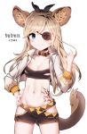  1girl animal_ears belt blade_&amp;_soul blue_eyes bow brown_hair collar cropped_jacket eyepatch flat_chest groin hand_on_hip highres jacket korean long_hair lyn_(blade_&amp;_soul) navel panties ribbon short_shorts shorts simple_background smile solo tail tattoo text tiger_ears underwear white_background 