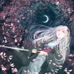  1girl cherry_blossoms crescent_moon hair_ornament haori japanese_clothes katana kimono long_hair moon night obi original petals pink_eyes sash solo sword weapon white_hair yuki_(rebruno) 