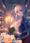  1girl ahoge blonde_hair blurry book breasts candle cup depth_of_field dress fate/stay_night fate_(series) flower green_eyes hair_ribbon highres kurosawalena ribbon saber solo teacup 