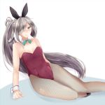  adapted_costume animal_ears asashimo_(kantai_collection) bowtie bunnysuit detached_collar green_eyes hair_over_one_eye kantai_collection long_hair lying masakazu_(coccinellee) on_side pantyhose ponytail rabbit_ears silver_hair wrist_cuffs 