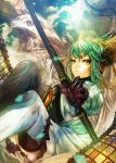  1girl atalanta_(fate/apocrypha) bird bow eagle fate/grand_order fate_(series) gauntlets green_eyes green_hair holding_weapon looking_at_viewer solo 