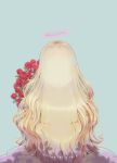  1girl absurdres blonde_hair blue_background dress flower from_behind hair halo highres long_hair original pink_dress rose shadow shenyuan_xian solo 