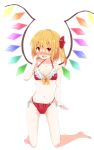  &gt;:d 1girl :d aoi_(annbi) barefoot bikini blonde_hair blush flandre_scarlet highres hip_bones legs navel open_mouth red_eyes side-tie_bikini side_ponytail small_breasts smile solo squatting sweat swimsuit touhou wings 