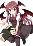  1girl black_legwear blush book dress_shirt head_wings koakuma long_hair necktie open_mouth red_eyes red_necktie redhead shirt shoes skirt skirt_set solo sweatdrop thigh-highs touhou tsurukou_(tksymkw) very_long_hair vest wings 