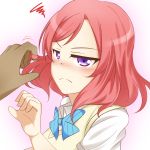  1boy 1girl angry annoyed avatar_of_fate blush bowtie collared_shirt disembodied_limb frown highres love_live!_school_idol_project nishikino_maki nose_blush pink_hair playing_with_another&#039;s_hair shirt solo_focus squiggle sweater_vest tsundere violet_eyes 