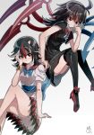  2girls ass asuku_(69-1-31) asymmetrical_wings black_dress black_hair black_legwear bowtie dress gradient gradient_background highres horns houjuu_nue kijin_seija legs_up looking_at_another looking_down looking_up multicolored_hair multiple_girls puffy_sleeves red_eyes redhead ribbon sash shaded_face shoes short_hair short_sleeves signature silver_hair smile thigh-highs touhou wings wrist_cuffs 