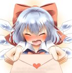  1girl absurdres blue_hair blush bow cirno closed_eyes giving hair_bow highres holding ice ice_wings indo_(mdtanaka2007) letter love_letter open_mouth outstretched_arms pov solo touhou wings 