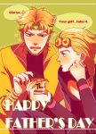  blonde_hair braid cup dio_brando earrings fang father&#039;s_day father_and_son fingernails giorno_giovanna hand_on_own_cheek headband jewelry jojo_no_kimyou_na_bouken red_eyes rin2010 sharp_fingernails tears 