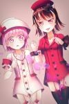  2girls alternate_costume black_hair black_legwear blush bowl cross dutch_angle garter_straps gradient gradient_background hat highres holding_hands horns kijin_seija looking_at_viewer looking_down multicolored_hair multiple_girls nurse nurse_cap object_on_head open_mouth pink_eyes pink_hair re-ka redhead short_hair short_sleeves silver_hair slit_pupils smile sukuna_shinmyoumaru thigh-highs tongue tongue_out touhou white_legwear wrist_cuffs zettai_ryouiki 