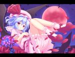  1girl ascot bat bat_wings bloomers blue_hair bow hakuto_(28syuku) hat hat_bow mary_janes mob_cap moon night petals red_eyes red_moon remilia_scarlet shoes solo touhou underwear wings 