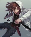  1boy :p belt black_shirt brown_eyes brown_hair dagger dog_tags doug_(gangsta) dual_wielding fan_ju freckles gangsta hairlocs holding_weapon hood hooded_jacket jacket long_hair long_sleeves looking_at_viewer pants pants_rolled_up shirt signature simple_background solo tongue tongue_out weapon white_jacket 