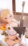  1girl anti-materiel_rifle barrett_m82 bed bikini black_bikini blonde_hair blush breasts bullet candy cleavage collarbone explosive food grenade gun highres looking_at_viewer navel neko_(314089734) original pink_eyes rifle scope short_hair sitting skull_and_crossbones sniper_rifle solo swimsuit thigh-highs wariza weapon window 