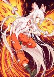  1girl absurdly_long_hair albino boots bow cross-laced_footwear fiery_wings fire fujiwara_no_mokou full_body grin hair_bow hair_ornament hair_ribbon hand_in_pocket highres lace-up_boots long_hair long_sleeves looking_at_viewer ofuda pants red_eyes ribbon shirt smile solo touhou transistor very_long_hair white_hair wings 