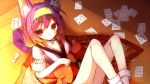  1girl animal_ears bare_legs card chess_piece fox_ears hatsuse_izuna highres if_(asita) japanese_clothes kimono no_game_no_life playing_card purple_hair red_eyes short_hair wooden_floor 