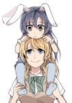  2girls animal_ears ayase_eli blonde_hair blue_hair carrying clipe kemonomimi_mode long_hair love_live!_school_idol_project multiple_girls rabbit_ears shoulder_carry simple_background smile sonoda_umi white_background younger 