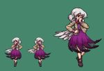  1girl green_background grey_hair hand_on_own_face jacket kishin_sagume long_sleeves parody pixel_art red_eyes shirt shoes short_hair simple_background single_wing skirt solo style_parody takorin touhou wings 
