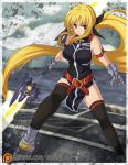  1girl ahoge arm_strap bardiche belt black_legwear blonde_hair boots breasts double-blade fate_testarossa fighting_stance full_body gauntlets hair_ribbon highres large_breasts long_hair low_ponytail lyrical_nanoha mahou_shoujo_lyrical_nanoha mahou_shoujo_lyrical_nanoha_strikers nose pelvic_curtain polearm red_eyes ribbon serious sidelocks sleeveless solo spear spike_wible thigh-highs very_long_hair watermark weapon web_address 