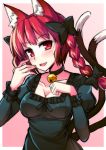  1girl :d animal_ears bell bell_collar blush bow braid breasts cat_ears cleavage collar dress fang hair_bow hair_ribbon highres kaenbyou_rin multiple_tails open_mouth paw_pose red_eyes redhead ribbon smile solo tail tanakara touhou tress_ribbon twin_braids two_tails 