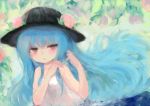  1girl blue_hair blush dress food fruit hat hinanawi_tenshi leaf long_hair looking_to_the_side maccha_cocoa_(mococo) open_mouth peach red_eyes sleeveless solo touhou upper_body 