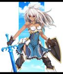  &gt;:( 1girl armor armored_boots armored_dress bangs bare_arms black_legwear blue_dress blue_sky breasts brown_gloves cleavage clouds collarbone cowboy_shot dark_skin dress eyes_visible_through_hair frown gloves granblue_fantasy hair_between_eyes holding holding_sword holding_weapon jewelry long_hair miranko neck_ring outline red_eyes shield short_dress sky solo strapless_dress sword the_order_grande thigh-highs weapon white_hair zettai_ryouiki 