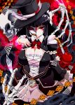  1girl apple bangs beatmania beatmania_iidx black_hair blunt_bangs breasts card cleavage food fruit hat initiative long_hair mask playing_card red_eyes skull solo top_hat 