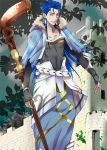  1boy artist_request blue_hair castle earrings fate/grand_order fate_(series) holding_weapon jewelry lancer looking_at_viewer official_art solo staff yellow_eyes 