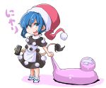  1girl blob blue_eyes blue_hair doremy_sweet dress hat highres mallet nightcap pom_pom_(clothes) shinapuu shirt short_hair skirt smile solo tail touhou 