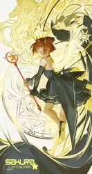  3girls black_dress black_shoes brown_hair cardcaptor_sakura character_name choker crown dark_(clow_card) detached_sleeves dress feathered_wings green_eyes hoshi_no_tsue kinomoto_sakura light_(clow_card) long_hair looking_back magic_circle multiple_girls open-back_dress shoes short_hair short_twintails strapless_dress twintails very_long_hair wings yuukaku 