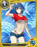  1girl artist_request black_swimsuit blue_background blue_hair bracelet card_(medium) character_name chess_piece glasses_on_head green_eyes high_school_dxd jewelry knight_(chess) midriff multicolored_hair official_art short_hair shorts swimsuit trading_card two-tone_hair xenovia_(high_school_dxd) yellow_eyes 